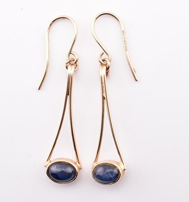 Lot 350 - PAIR OF 9CT GOLD & SAPPHIRE CABOCHON PENDANT EARRINGS