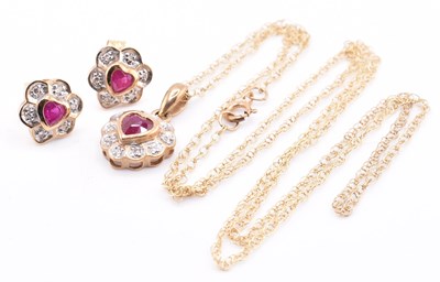 Lot 462 - 9CT GOLD RUBY & DIAMOND PENDANT NECKLACE & EARRING SET