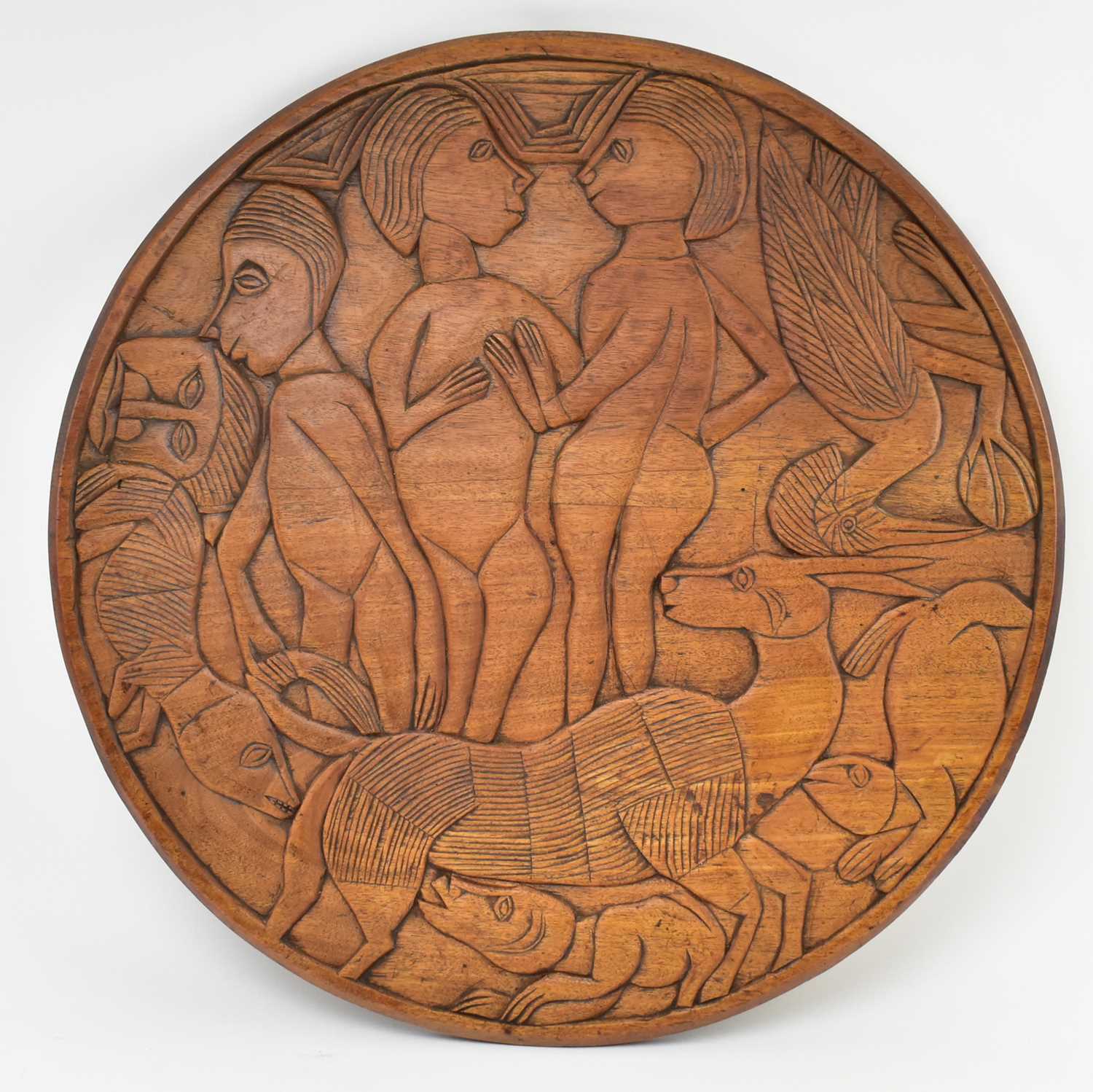 Lot 484 - VINTAGE MID CENTURY TEAK CONVERTED TABLE TOP PANEL OF DIANA & ACTAEON