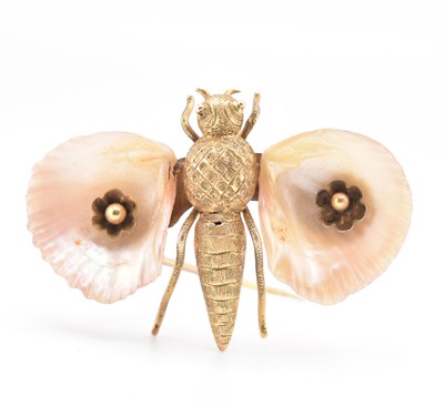 Lot 47A - 19TH CENTURY 15CT GOLD & SHELL BUTTERFLY BROOCH PIN