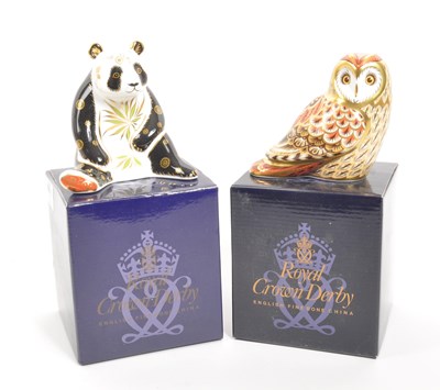 Lot 62 - ROYAL CROWN DERBY - GIANT PANDA & SHORT EARED OWL PAPERWEIGHTS