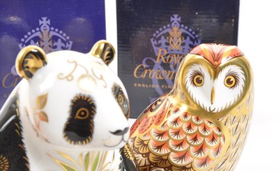 Lot 62 - ROYAL CROWN DERBY - GIANT PANDA & SHORT EARED OWL PAPERWEIGHTS