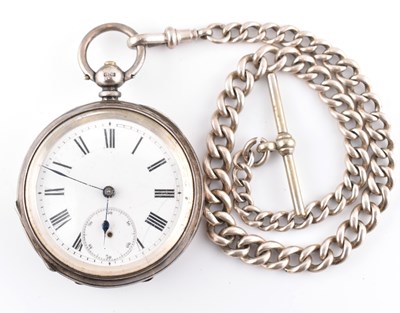 Lot 390 - VICTORIAN HALLMARKED SILVER POCKET WATCH & ALBERT CHAIN WITH T-BAR