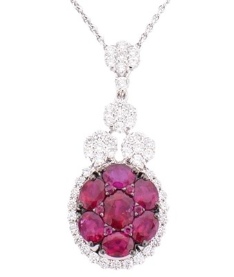 Lot 32 - 18CT WHITE GOLD RUBY & DIAMOND PENDANT NECKLACE