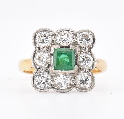 Lot 5 - 18CT GOLD & PLATINUM EMERALD & DIAMOND CLUSTER RING