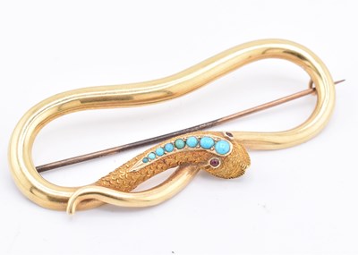 Lot 12 - VICTORIAN 15CT GOLD & TURQUOISE VICTORIAN SNAKE BROOCH PIN