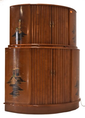 Lot 541 - ART DECO WALNUT & CHINOISERIE HALF MOON COCKTAIL BAR CABINET