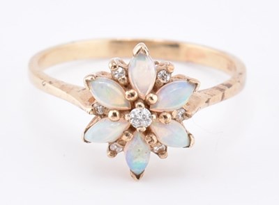 Lot 229 - 9CT GOLD OPAL & DIAMOND CLUSTER RING