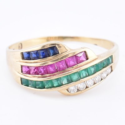 Lot 147 - 9CT GOLD DIAMOND & RUBY & EMERALD & SAPPHIRE RING