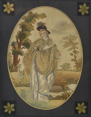 Lot 44 - GEORGE III SILK NEEDLEWORK PICTURE OF A LADY IN LANDSCAPE