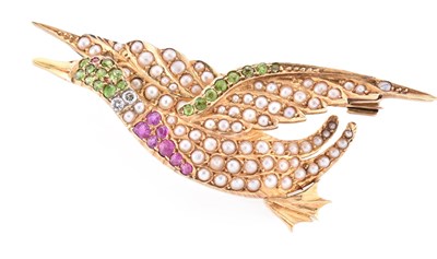 Lot 4 - HALLMARKED 15CT GOLD DEMANTOID GARNET & RUBY & DIAMOND & PEARL DUCK BROOCH PIN