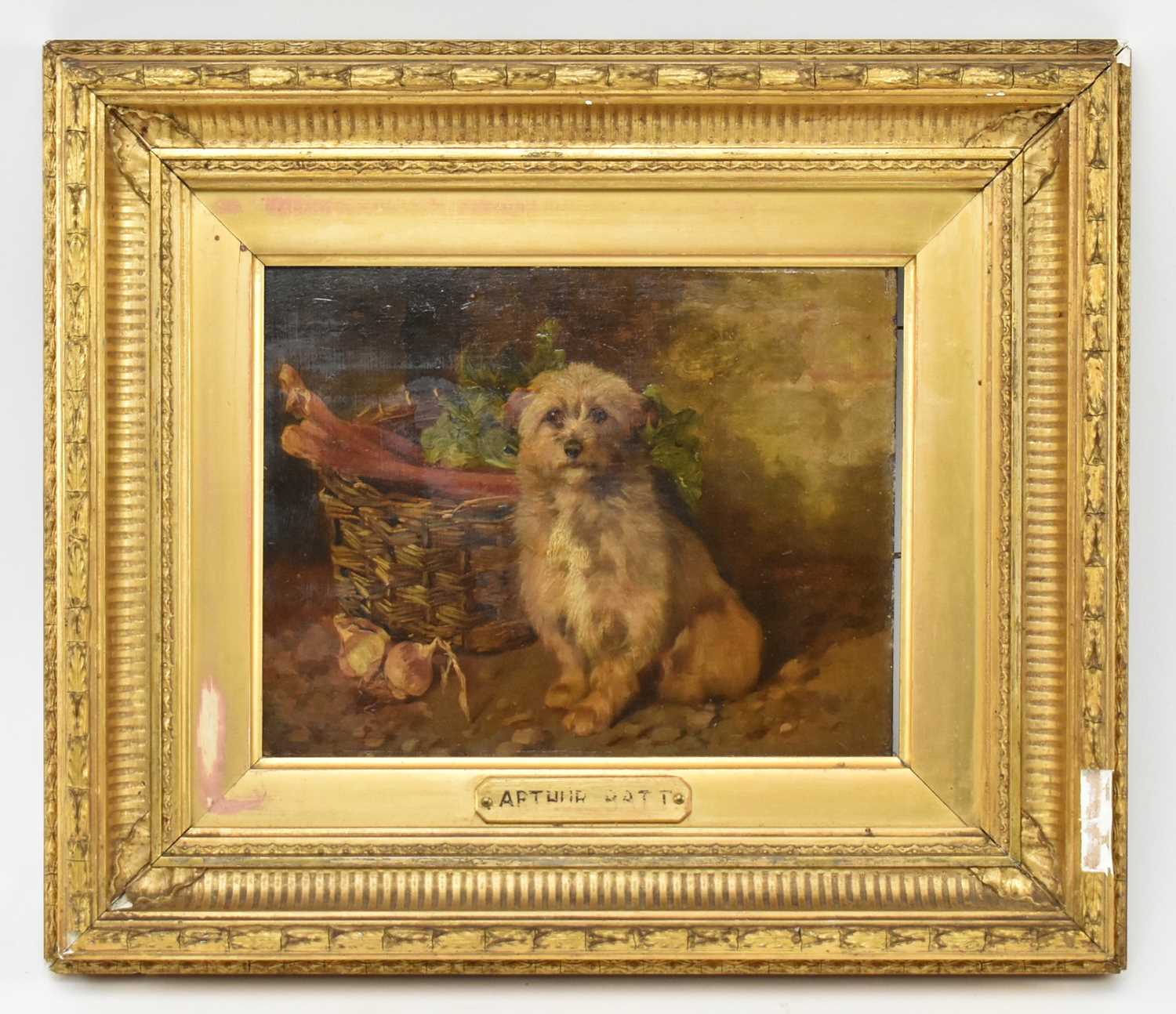 Lot 360 - ATTRIB. ARTHUR BATT (1846-1911) - TERRIER WITH BASKET - OIL ON BOARD PAINTING
