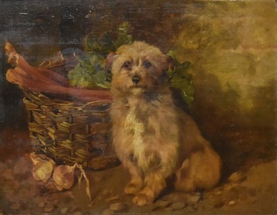 Lot 360 - ATTRIB. ARTHUR BATT (1846-1911) - TERRIER WITH BASKET - OIL ON BOARD PAINTING