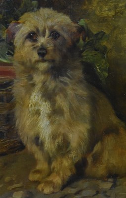 Lot 360 - ATTRIB. ARTHUR BATT (1846-1911) - TERRIER WITH BASKET - OIL ON BOARD PAINTING