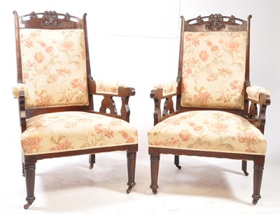 Lot 1043 - PAIR OF CARVED MAHOGANY 19TH CENTURY VICTORIAN ARMCHAIRS