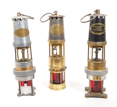 Lot 244 - THREE VINTAGE 20TH CENTURY MINERS' SAFETY SPIRALARM LAMPS