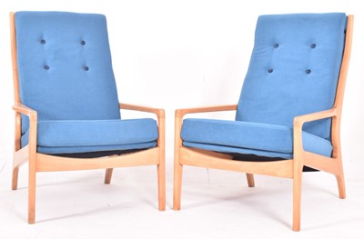 Lot 493 - MANNER OF FRED LOWEN - PAIR OF MID CENTURY TEAK & UPHOLSTERED EASY LOUNGE ARMCHAIR