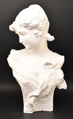 Lot 553 - AFTER ALFRED J. FORETAY - 20TH CENTURY PLASTER FIGURE OF LADY BUST