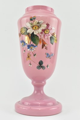 Lot 120 - TWO VICTORIAN OPALINE GLASS VASES IN PINK WITH HAND PAINTED FLORAL DESIGN