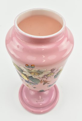 Lot 120 - TWO VICTORIAN OPALINE GLASS VASES IN PINK WITH HAND PAINTED FLORAL DESIGN