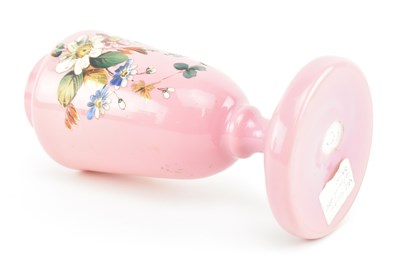 Lot 120 - TWO VICTORIAN OPALINE GLASS VASES IN PINK WITH HAND PAINTED FLORAL DESIGN