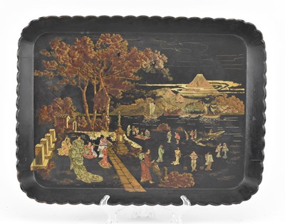 Lot 136 - COLLECTION OF VINTAGE CHINOISERIE BLACK LACQUER WARE INCL. TRAYS & FANS