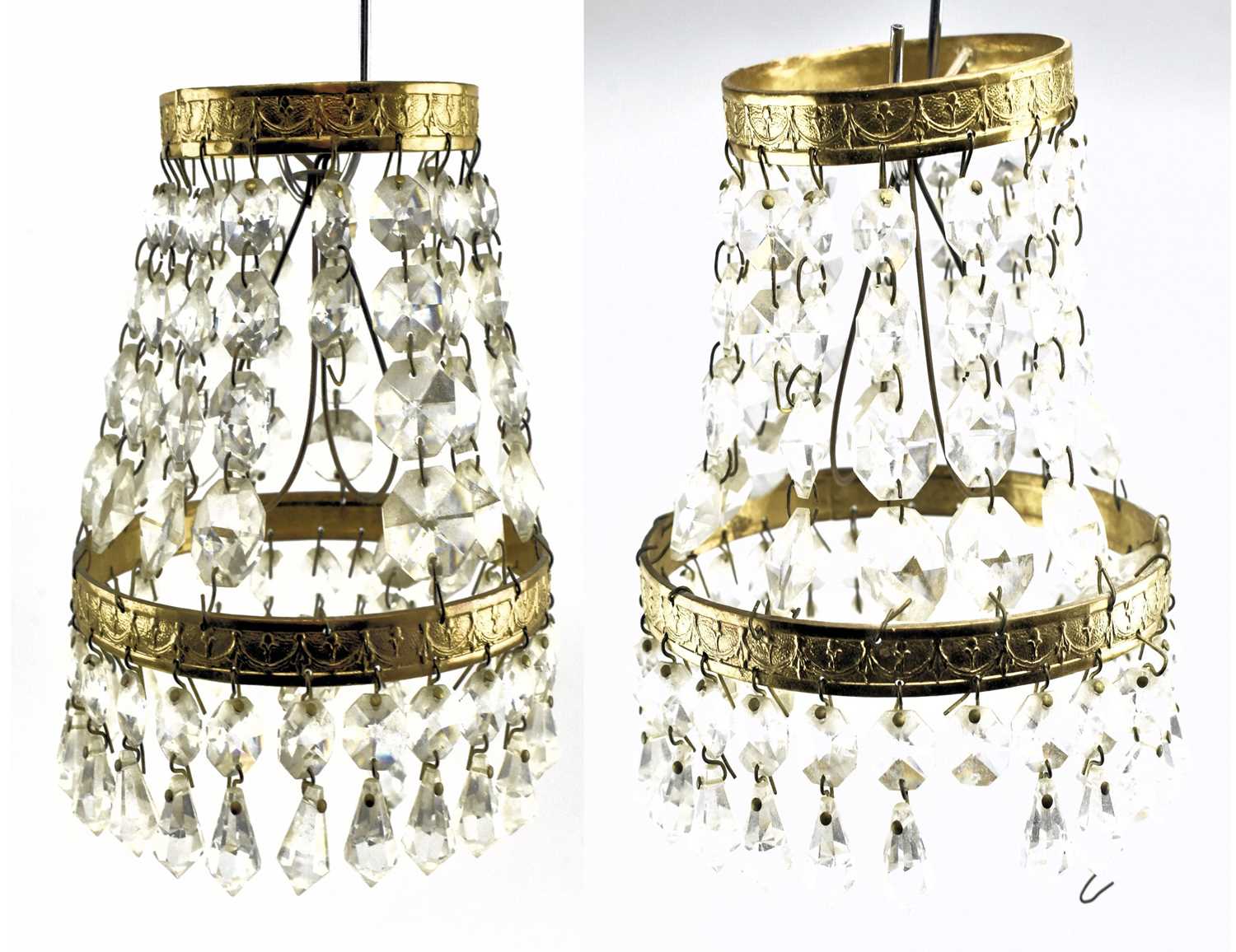 Lot 154 - PAIR OF EARLY 20TH CENTURY GILT METAL EMPIRE STYLE MINIATURE PENDANT CHANDELIERS
