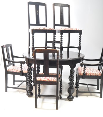 Lot 1010 - EARLY 20TH CENTURY 1920S EBONISED OAK BARLEY TWIST DINING TABLE & CHAIRS