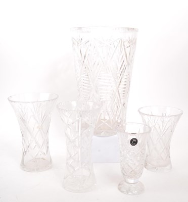 Lot 132 - LARGE CRYSTAL GLASS VASE WITH FOUR SMALLER EXAMPLES