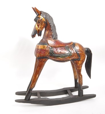 Lot 245 - FOLK ART PAINTED CARVED ROCKING HORSE