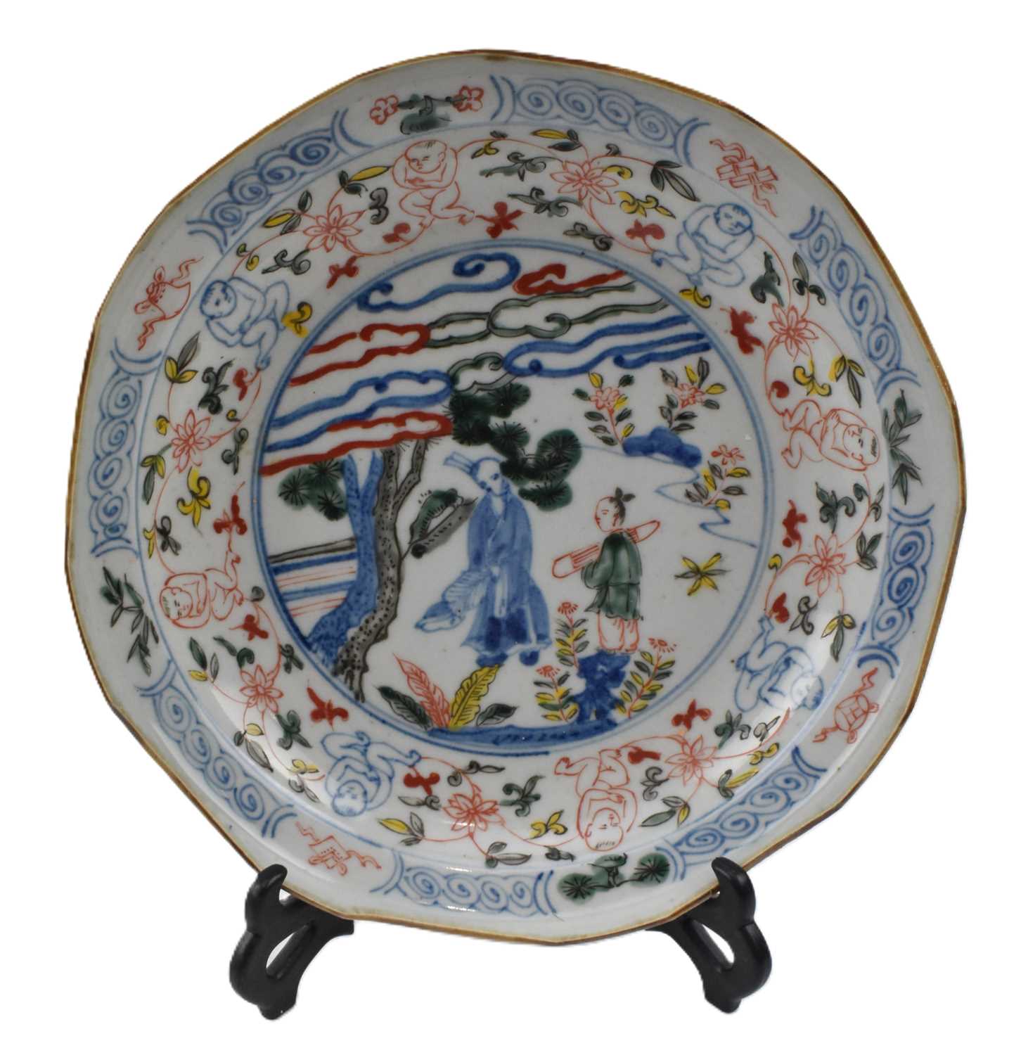 Lot 97 - TIANQI WUCAI PROCELAIN 'SCHOLAR UNDER PINE TREE' DISH 明 五彩‘松下老人’盘