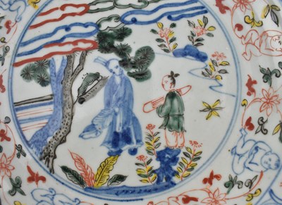 Lot 97 - TIANQI WUCAI PROCELAIN 'SCHOLAR UNDER PINE TREE' DISH 明 五彩‘松下老人’盘