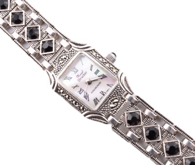 Lot 293 - SILVER ONYX & MARCASITE WRISTWATCH