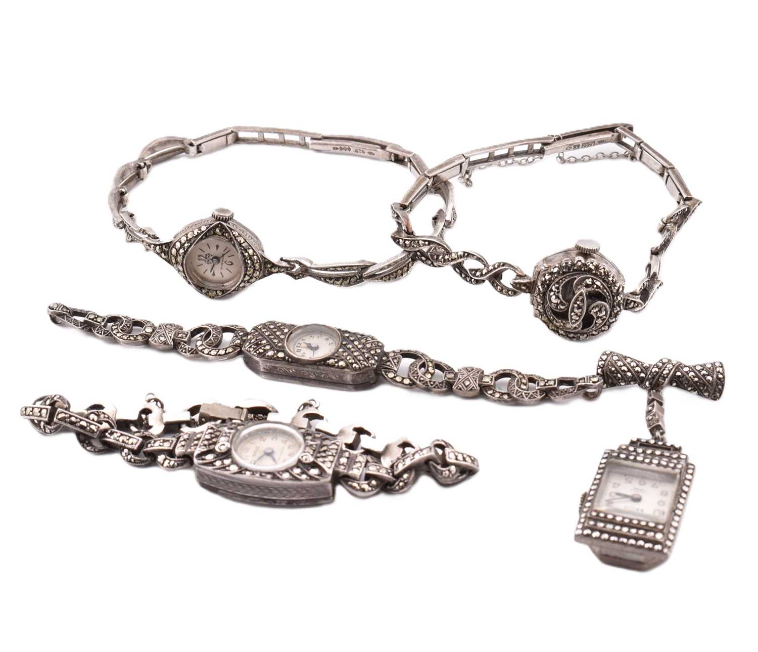 Lot 297 - FIVE SILVER MARCASITE WATCHES