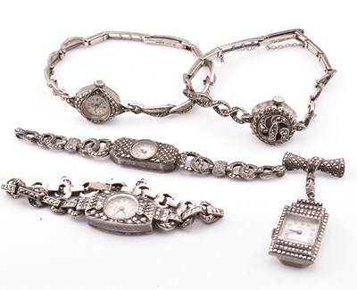 Lot 297 - FIVE SILVER MARCASITE WATCHES