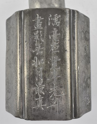 Lot 170 - QING DYNASTY PEWTER TEA CADDY 清 人物花鸟锡罐