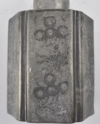 Lot 170 - QING DYNASTY PEWTER TEA CADDY 清 人物花鸟锡罐