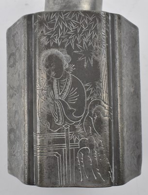 Lot 170 - QING DYNASTY PEWTER TEA CADDY 清 人物花鸟锡罐