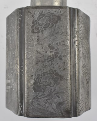 Lot 170 - QING DYNASTY PEWTER TEA CADDY 清 人物花鸟锡罐