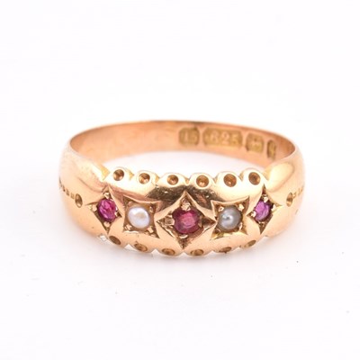 Lot 94 - HALLMARKED 15CT GOLD RUBY & PEARL GYPSY RING