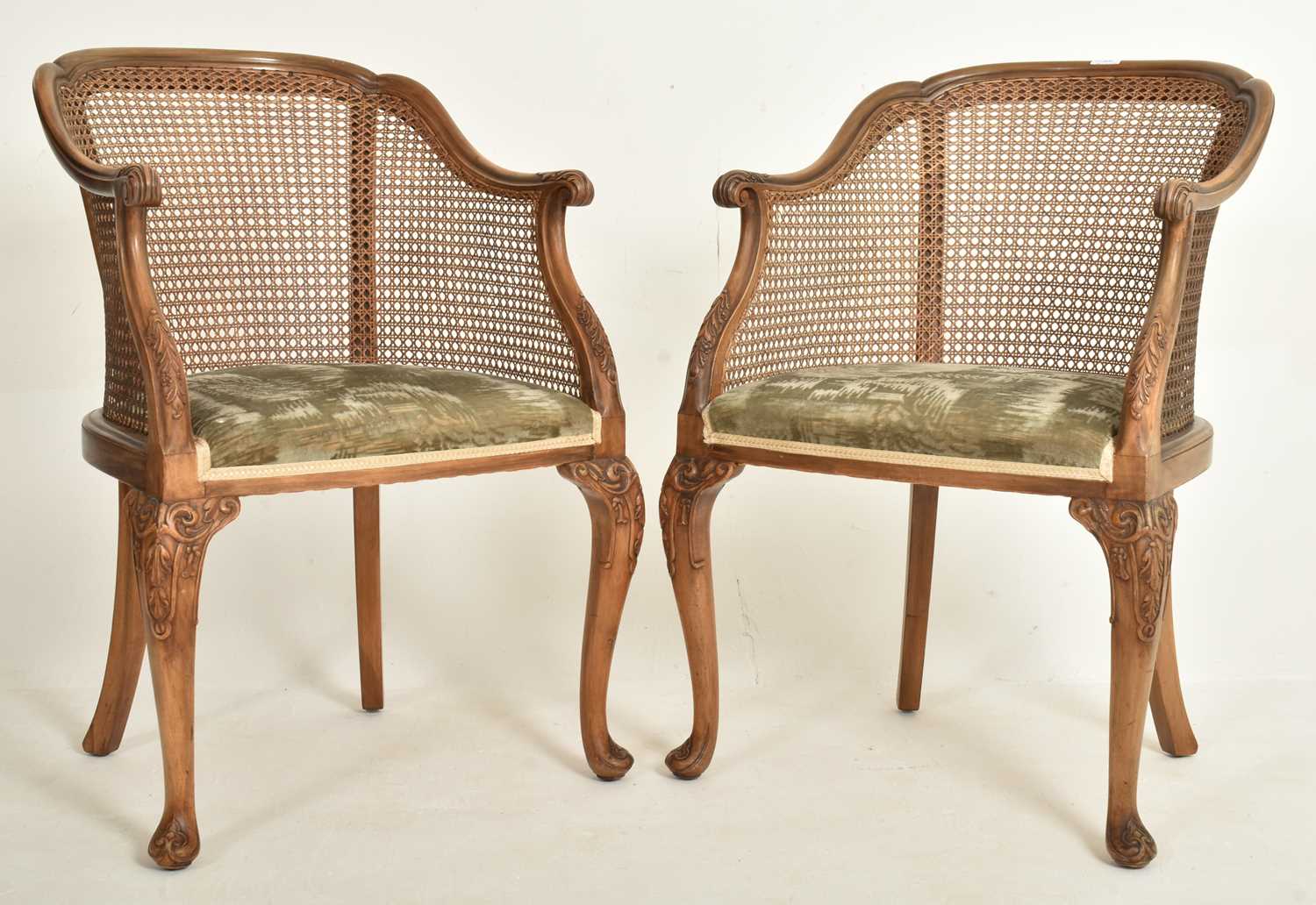 Lot 328 - PAIR OF QUEEN ANNE REVIVAL 1930S WALNUT & CANE LIBRARY CHAIRS