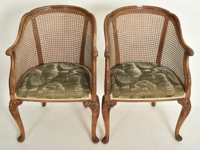 Lot 328 - PAIR OF QUEEN ANNE REVIVAL 1930S WALNUT & CANE LIBRARY CHAIRS