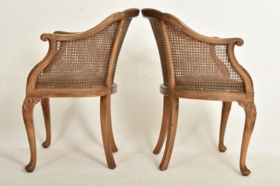 Lot 328 - PAIR OF QUEEN ANNE REVIVAL 1930S WALNUT & CANE LIBRARY CHAIRS