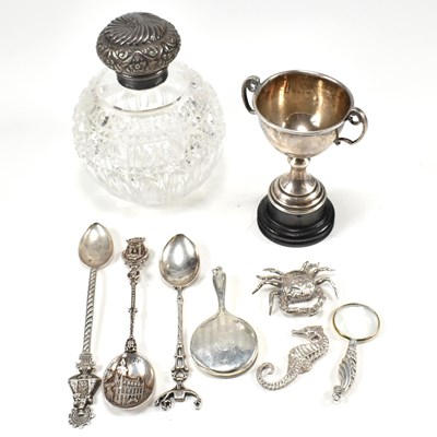 Lot 198 - 925 ITALIAN SILVER CRAB & SEAHORSE T/W PERFUME BOTTLE, MIRROR & TEASPOONS