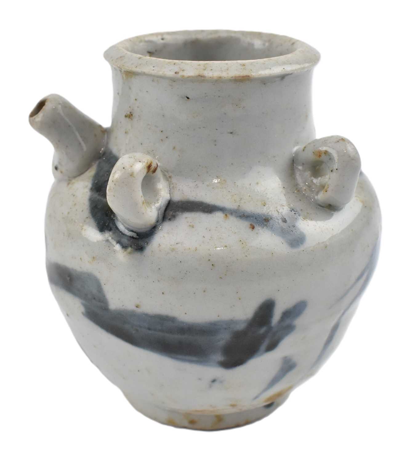 Lot 43 - MING DYNASTY BLUE AND WHITE WINE STONEWARE EWER 明 青花四系执壶