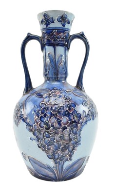 Lot 106 - WILLIAM MOORCROFT FOR MACINTYRE - HESPERIAN LILAC 1905 TWIN HANDLED VASE