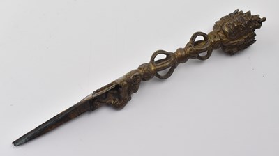 Lot 124 - 19TH CENTURY BRONZE PHURBA THREE DEITY HEADS 十九世纪普巴金剛杵