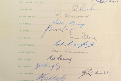 Lot 48 - CRICKET - 1956 AUSTRALIAN TEAM SIGNED TEAM SHEET