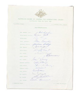 Lot 89 - CRICKET - 1964 AUSTRALIAN CRICKET TEAMSHEET SIGNED