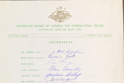 Lot 89 - CRICKET - 1964 AUSTRALIAN CRICKET TEAMSHEET SIGNED